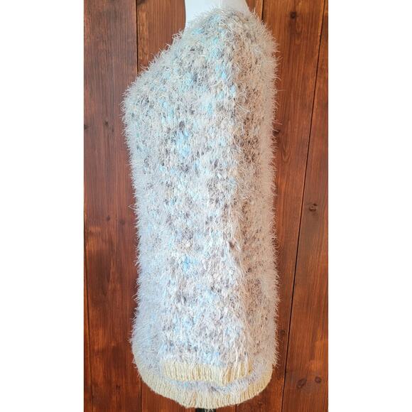 Lauren Michelle Women L Blue Green Fuzzy Pom Pom Sweater Knit Shimmer Lurex Cozy - Picture 8 of 10